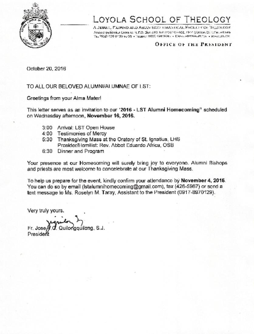 2016 LST Alumni Invitation Loyola School of Theology